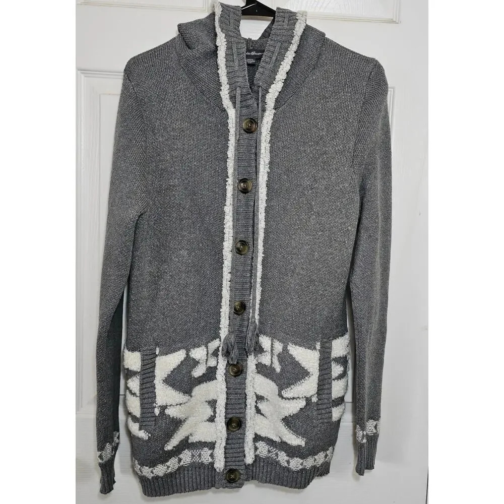 Eddie Bauer Women's Long Hooded Sweater Large Gray‎ Geometric Aztec Cardigan